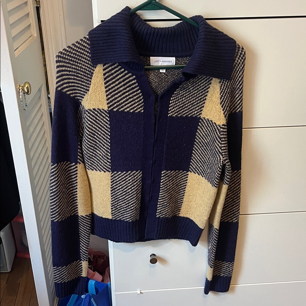 Navy and Tan Collared Checkered Cardigan Sweater